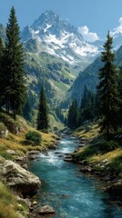 Obraz premium Majestic mountain landscape with a clear stream flowing through lush green valleys under a bright sky