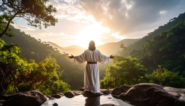 Jesus overlooking a verdant valley at sunrise
