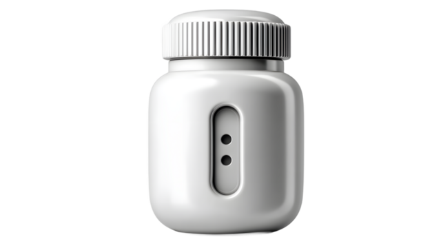 A sleek white electronic device with a minimalist design featuring a vertical slot and two cir