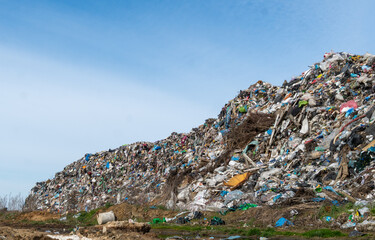 A large landfill showcases heaps of colorful plastic waste and debris under a clear blue sky,...