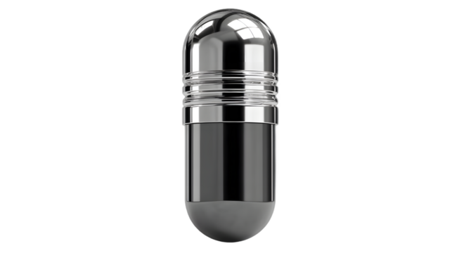 Metallic bulletshaped object sleek design chrome and black 3D render product mockup futur