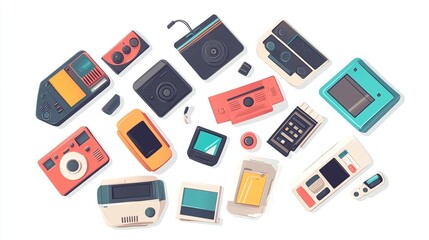 A colorful flat-lay illustration showcasing a diverse collection of vintage handheld gaming consoles, accessories, and cartridges, evoking nostalgia for 80s and 90s gaming technology