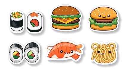 Cute cartoon food stickers featuring sushi, burgers, and shrimp