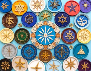 Colorful circular symbols arranged on a light blue background