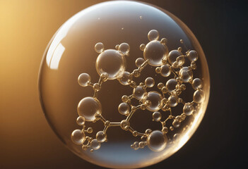 Golden Molecular Structure Encased in a Crystal Sphere, Abstract Science Concept