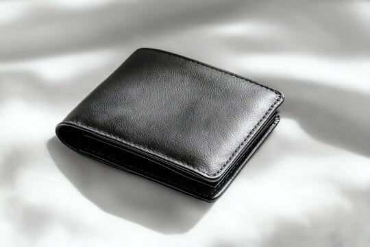 minimalist product shot of a black leather wallet on white background, soft shadows, top-down view, realistic texture