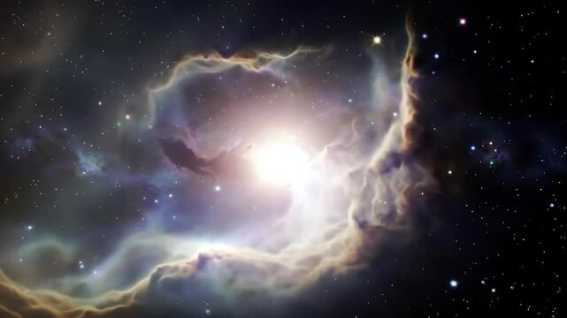 Celestial Nexus: An awe-inspiring view of a nebula, a stellar nursery, its vast cosmic clouds painted with colors, with a radiant star at its center