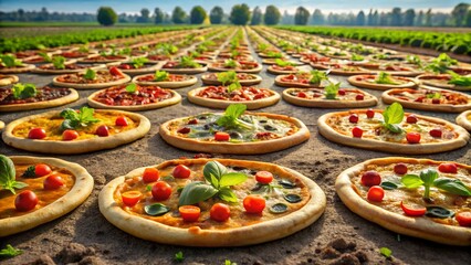 Fototapeta premium Margherita Pizzas sprouting from green earth imaginative banner concept for organic pizza marketing and magical restaurant campaigns milkyhexddway pizzas Backgrounds ads