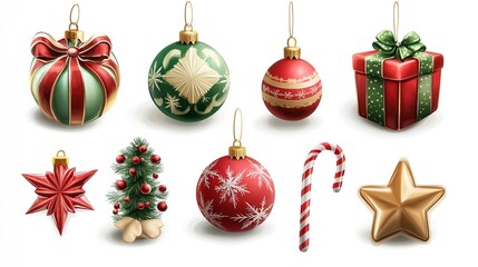 Eight realistic Christmas ornaments, a gift box, candy cane, and star, in red, green, and gold, against a white background.  They appear glossy and three-dimensional, with varying textures and designs