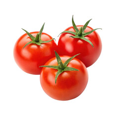 Three ripe red tomatoes with green stems on transparent background  