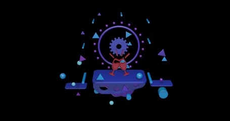 Red champagne toast symbol on a pedestal of abstract geometric shapes floating in the air. Abstract concept art with flying shapes in the center. 3d illustration on black background