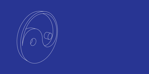The outline of a large yin yang symbol made of white lines on the left. 3D view of the object in perspective. Vector illustration on indigo background