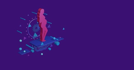 Naklejka premium Pink pregnant woman symbol on a pedestal of abstract geometric shapes floating in the air. Abstract concept art with flying shapes on the left. 3d illustration on deep purple background