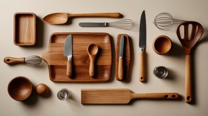 wooden kitchen utensils cream background

