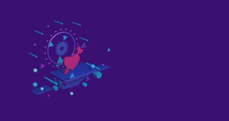 Naklejka premium Pink cupid arrow symbol on a pedestal of abstract geometric shapes floating in the air. Abstract concept art with flying shapes on the left. 3d illustration on deep purple background