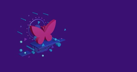 Pink butterfly symbol on a pedestal of abstract geometric shapes floating in the air. Abstract concept art with flying shapes on the left. 3d illustration on deep purple background