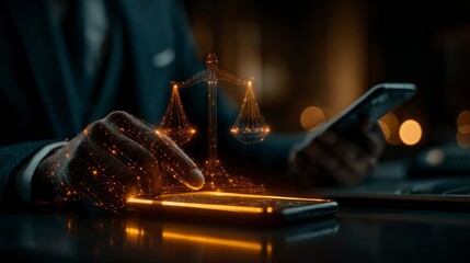 Legal Technology in Action Hand Interacting with Digital Scales of Justice on Smartphone