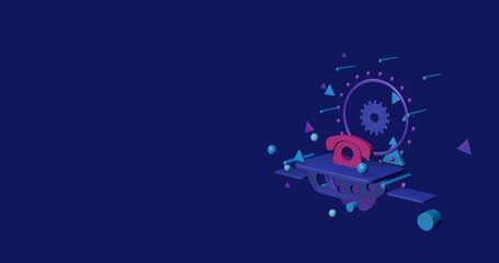 Pink vintage telephone symbol on a pedestal of abstract geometric shapes floating in the air. Abstract concept art with flying shapes on the right. 3d illustration on indigo background