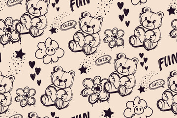 Cute teddy bear seamless pattern with hearts, flowers, stars, lettering on beige background. Cartoon print of toy bear in sketch style. graffiti teddy bear print