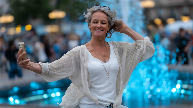 A woman from the group pulls out her phone to capture a spontaneous dance moment Working for the benefit of people using the copy space