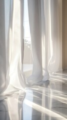 Morning light filters through sheer curtains onto glossy Carrara marble floors in a minimalist bedroom, generative ai