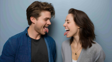 Playful moment of them sticking their tongues out at each other caught midlaughter Working for the benefit of people using copy space