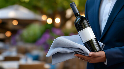 A friend holds a wine bottle with a cloth as if presenting a gift to the evening Working for the benefit of people using copy space