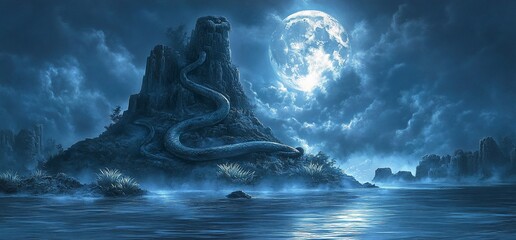 Naklejka premium Mystical moonlit island with a giant serpent coiled around a rocky peak