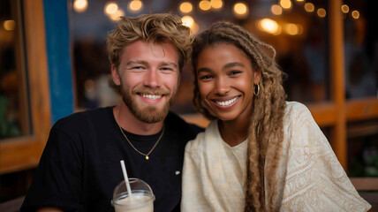 A couple sharing a milkshake with two straws grinning at the camera sunset blazing Working for the benefit of people using the copy space