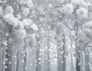 Dreamlike white roses arch over a misty, light-dappled forest, creating an ethereal, romantic atmosphere