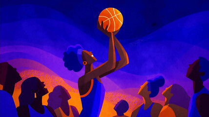 A woman in heels shoots a basketball as her teammates cheer her on laughter echoing Working for the benefit of people using copy space