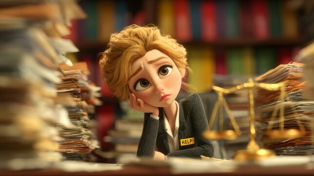 Overwhelmed Professional in a Library with Stacks of Books and Papers Seeking Help