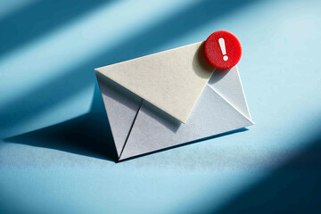 paper cutout of an email notification icon with red alert badge casting shadows on a blue background modern communication concept documentary photography st