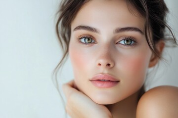 Fototapeta premium A stunning portrait of a beautiful young woman with a minimalist approach, her skin glowing and her gaze focused