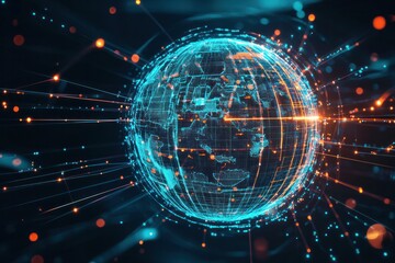 Obraz premium A stylized digital globe with a wireframe design, surrounded by illuminated data streams and connection points