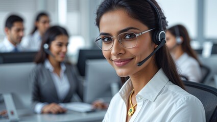 Friendly call center agent with headset