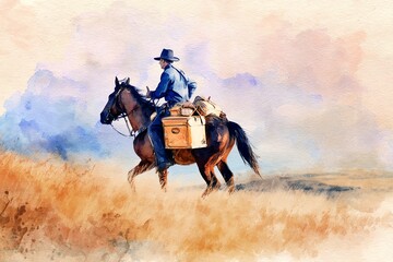 vintage western mailman on horseback delivering post through wild plains, soft watercolor style