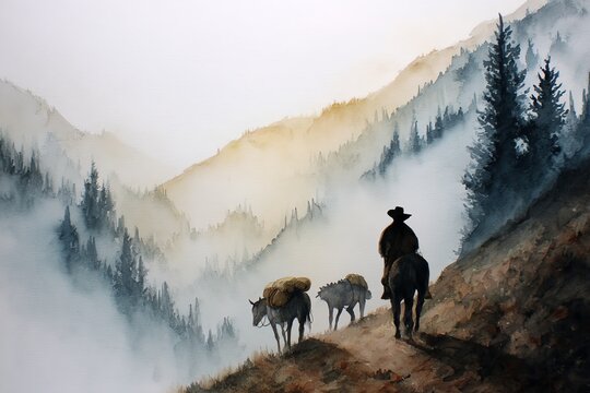 watercolor illustration of cowboy leading a pack mule through the Rocky Mountains, foggy morning trail scene