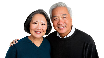 portrait of a happy senior Asian couple embracing, isolated on white or transparent background