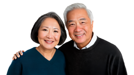 portrait of a happy senior Asian couple embracing, isolated on white or transparent background