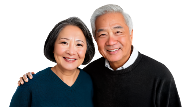 portrait of a happy senior Asian couple embracing, isolated on white or transparent background