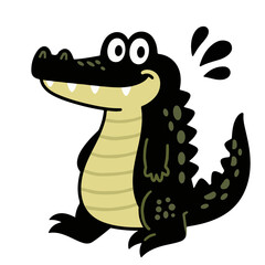 A cheerful cartoon crocodile illustration in black and olive green.