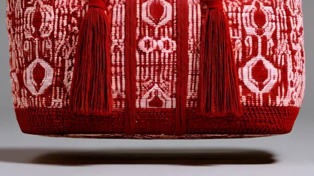 Close-up of a red and white crocheted tote bag with decorative tassels and woven handles, showcasing intricate abstract patterns.