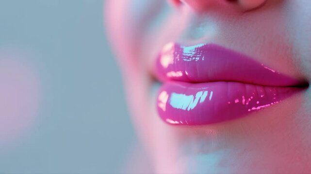 Ultra close up video of a glossy, neon-pink lips blowing a playful kiss toward the camera