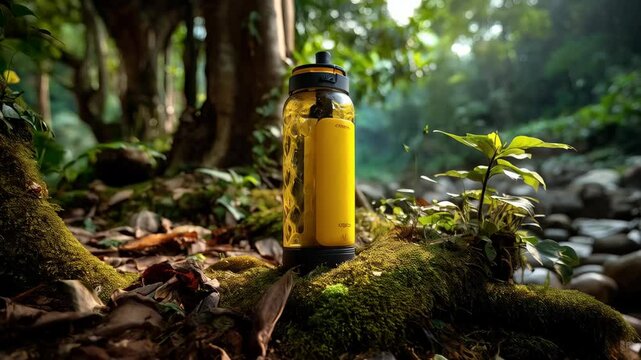 Reusable water bottle with yellow insert sitting atop a mossy patch in a sunlit forest, surrounded by lush vegetation and natural elements