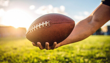 Muscular hand gripping vibrant football, ready to launch it towards field under bright sky, evokes sense of excitement and anticipation