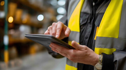 Closeup of hands typing route corrections into a logistics app on a warehouse tablet Working for the benefit of people using copy space
