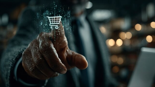 Touching the Future Hand Interacting with Digital Shopping Cart Icon