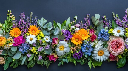 Vibrant horizontal arrangement of various colorful flowers and greenery on a dark background