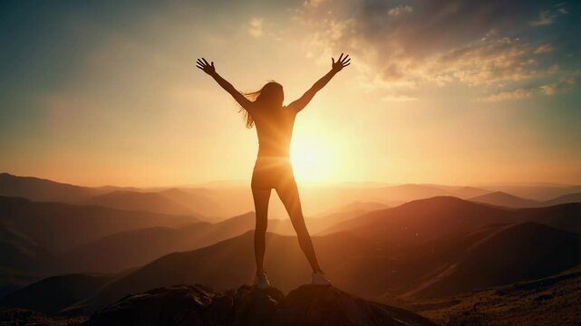 Silhouette of a woman celebrating on a mountaintop at sunset
